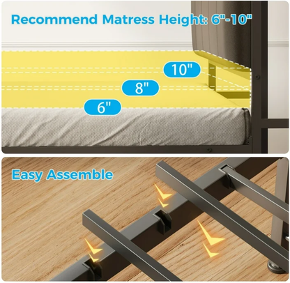 Bed Frame Twin Size with Storage Headboard and Drawer, Upholstered Platform Bed with Charging Station and LED Light, Heavy Duty Frame Support, No Box Spring Needed, Noise Free, Black