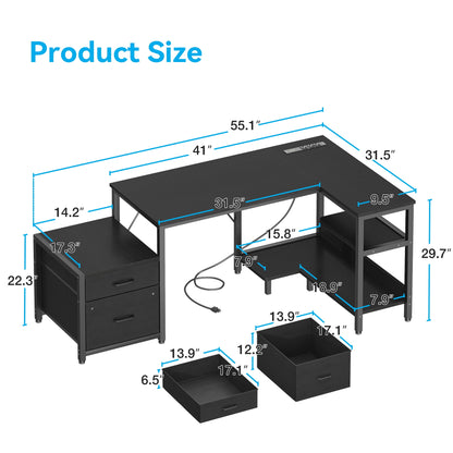 55" Office Desk with Power Outlets & CPU Holder, L-Shaped Corner Desk with File Cabinet, Storage Shelf & 2 Drawers for Large Spaces, Black