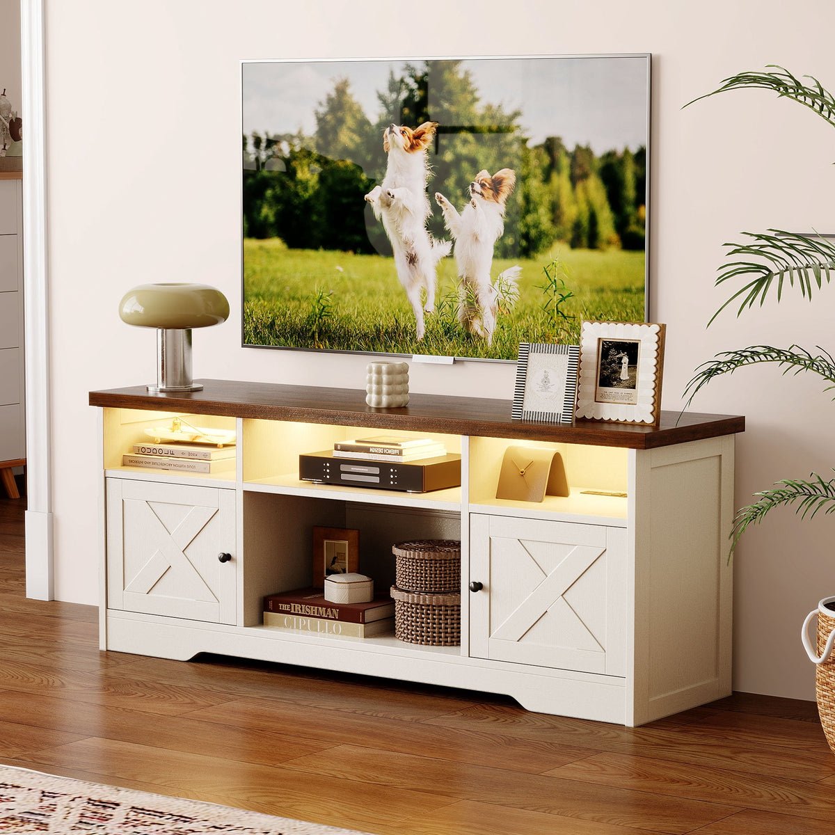 Farmhouse LED TV Stand for 65 Inch TV, Entertainment Center with Power Outlet, Media Console with Storage Cabinets and Shelves, Walnut & White