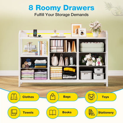 KKL Dresser with LED Lights and Charging Station, 44 inch Dresser for Bedoom with 8 Storage Drawers & Open Shelves, White