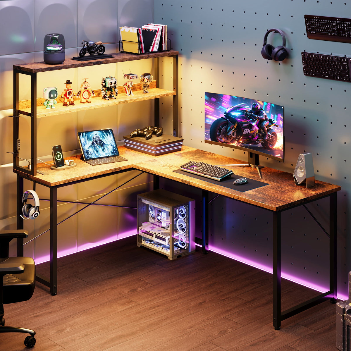 Casacomoda L Shaped Gaming desk, 53 Inch Computer Desk with Shelves, Reversible Display Shelf Gaming Desk with Led Light & Charging Station, Vintage
