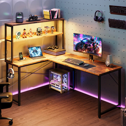Casacomoda L Shaped Gaming desk, 53 Inch Computer Desk with Shelves, Reversible Display Shelf Gaming Desk with Led Light & Charging Station, Vintage