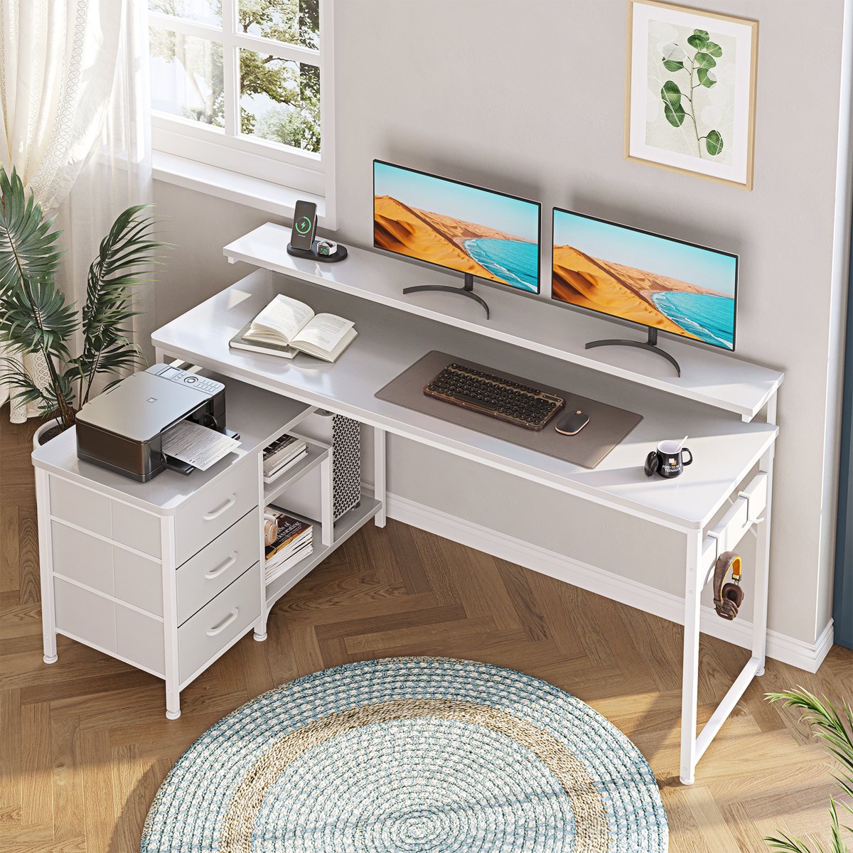 L-Shaped Desk with 3 Storage Drawers, Reversible Writing Desk with Flexible Frame, Computer Desk with Power Outlets, Monitor Stand, Iron Hook and Ladder Shelves,White