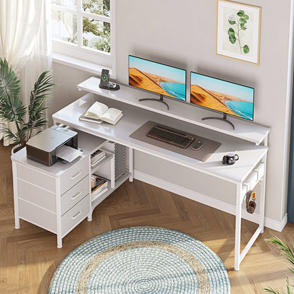 L-Shaped Desk with 3 Storage Drawers, Reversible Writing Desk with Flexible Frame, Computer Desk with Power Outlets, Monitor Stand, Iron Hook and Ladder Shelves,White