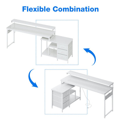 L-Shaped Desk with 3 Storage Drawers, Reversible Writing Desk with Flexible Frame, Computer Desk with Power Outlets, Monitor Stand, Iron Hook and Ladder Shelves,White