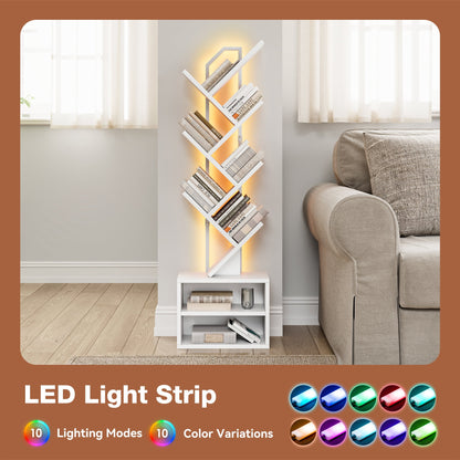 Casacomoda 6 Tier Tall Tree Bookshelf with LED Lights, Bookcase with Double Storage Cabinet, Narrow Corner Display Shelf, Floor Standing Organizer for Living Room, Bedroom, Home Office, White