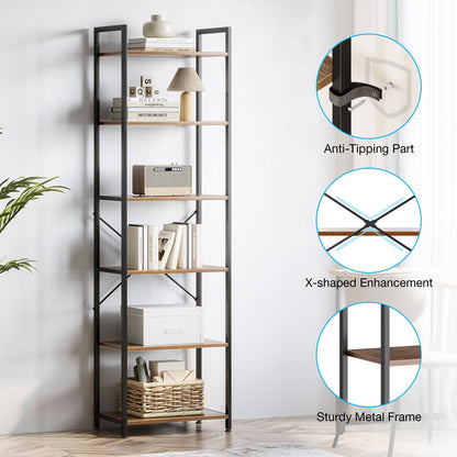 Casacomoda Book Shelf Set of 2, 6 Tier Bookcase, Storage Shelf, Industrial Bookcase for CDs, Photos, Books, Modern Bookshelf for Home Office, Living Room, Kitchen, Bedroom, Rust Brown
