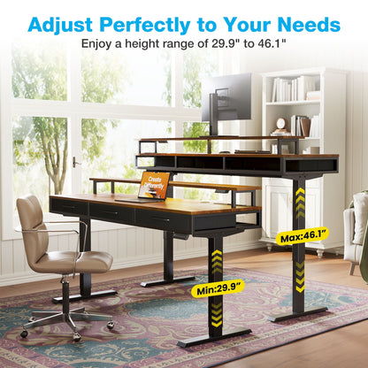 Casacomoda 63“ Electric Standing Desk with Power Outlets and LED Lights, Adjustable Height Sit Stand Desk with Monitor Shelf & 3 Fabric Drawers for Home Office, Vintage