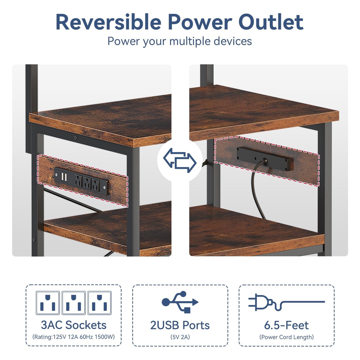 Bakers Rack with Power Outlet & LED Lights, Coffee Bar with Storage 5-Tiers, Microwave Stand Kitchen Shelf 16.5 * 23.6 * 59 inches, Kitchen Coffee Rack, Rustic Brown