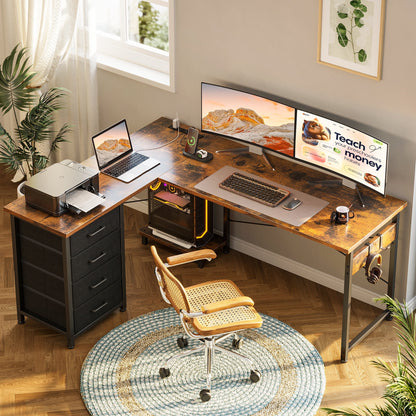 Casacomoda 53″ L-Shaped Desk with Power Outlets & USB, 4 Drawers and Hooks, Reversible Corner Computer Desk for Home Office or Gaming