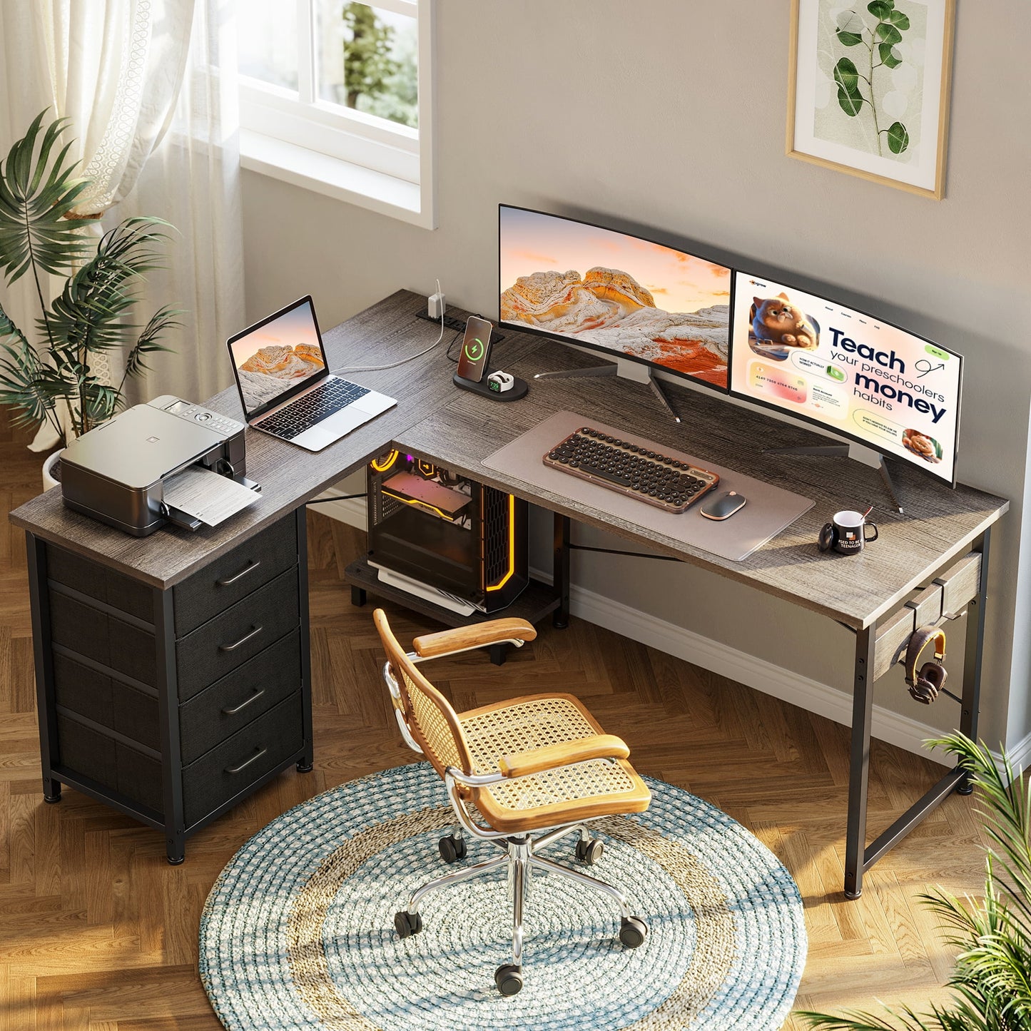 Casacomoda 53″ L-Shaped Desk with Power Outlets & USB, 4 Drawers and Hooks, Reversible Corner Computer Desk for Home Office or Gaming