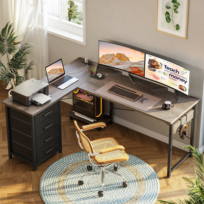 Casacomoda 53″ L-Shaped Desk with Power Outlets & USB, 4 Drawers and Hooks, Reversible Corner Computer Desk for Home Office or Gaming