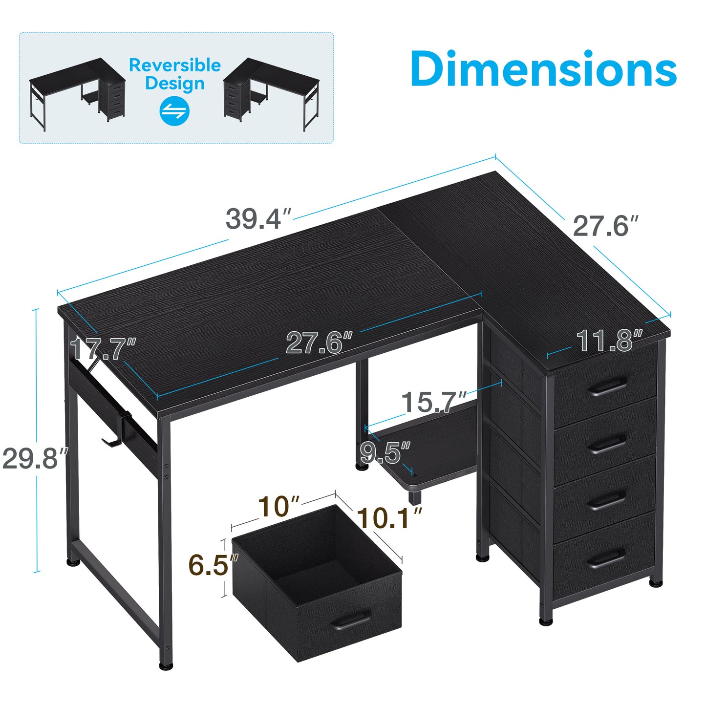 Casacomoda 40 inch Computer Desk with 4 Fabric Drawers — Home Office Desks with Storage, Writing Desk with Side Hook, Desk Study/Work Table for Bedroom and Small Space, Black