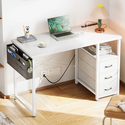 Casacomoda 40 Inch Small Computer Desk with Fabric Drawers and Charging Station, Home Office Desk with Storage Shelf, White