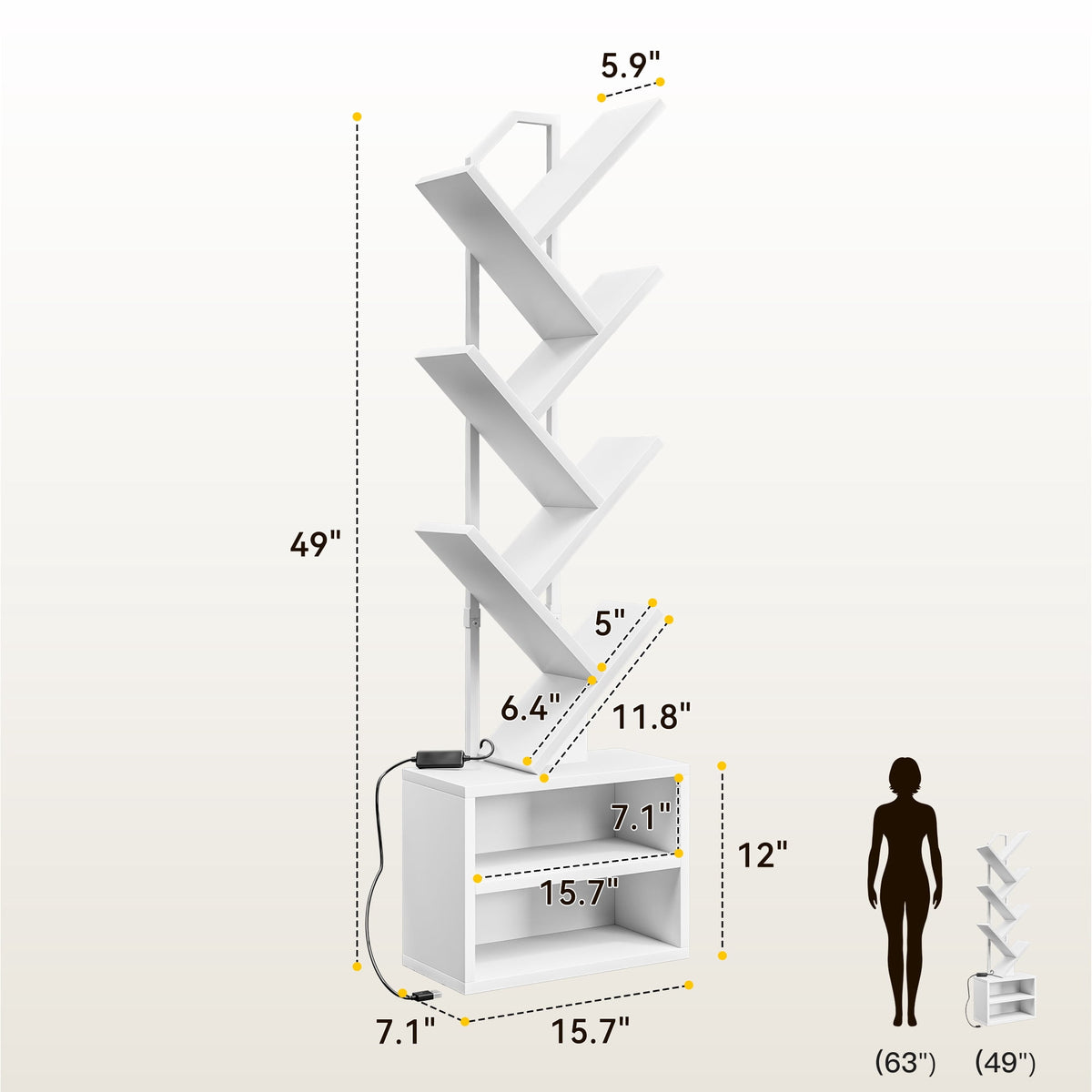 Casacomoda 6 Tier Tall Tree Bookshelf with LED Lights, Bookcase with Double Storage Cabinet, Narrow Corner Display Shelf, Floor Standing Organizer for Living Room, Bedroom, Home Office, White