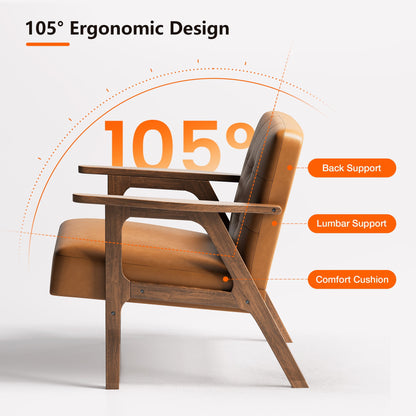 Casacomoda PU Leather Accent Chair Mid Century Comfy Cozy Chair with Solid Wood Legs, Modern Arm Reading Chair with Button Tufted Back for Living Room Bedroom, Brown