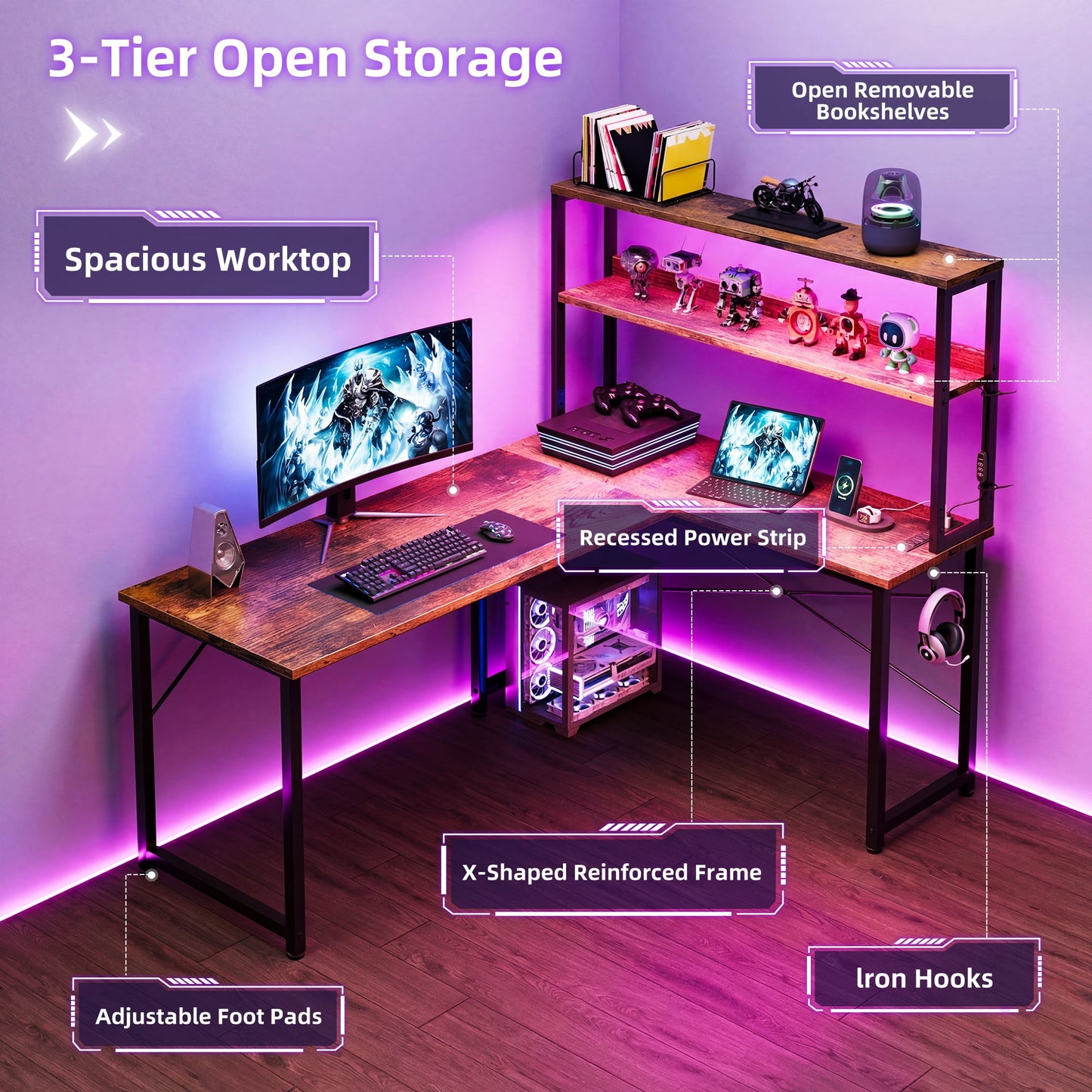 Casacomoda 43 Inch L Shaped Desk with LED Light & Power Outlet, Reversible L Shaped Computer Table with Shelf & Storage Bag & Hook for Home Office, Vintage