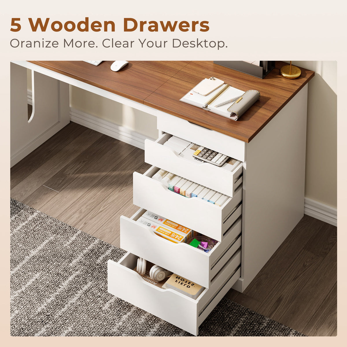 Casacomoda 47” Home Office Desk with 5 Drawers, Compact Writing Desk with Storage, Modern Computer Desk for Bedroom, Study Room and Small Spaces