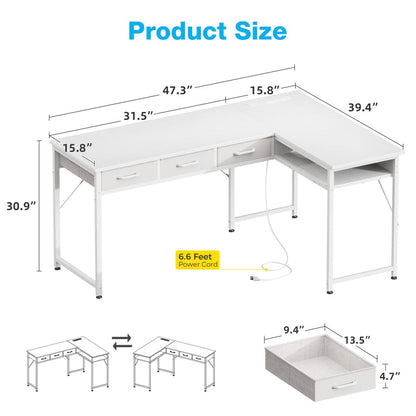 Casacomoda 48 inch L Shaped Computer Desk with 3 Drawers, Corner Desk with Power Outlets & Reversible Storage Shelves, Simple Computer Desk for Home Office Gaming, White
