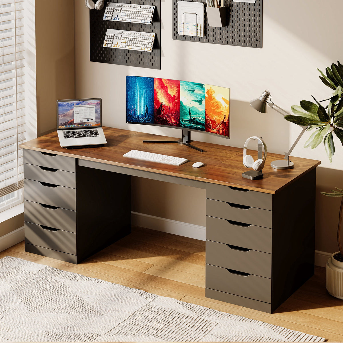 Casacomoda 55" Home Office Desk with 10 Drawers, Large Writing Desk with Storage, Black