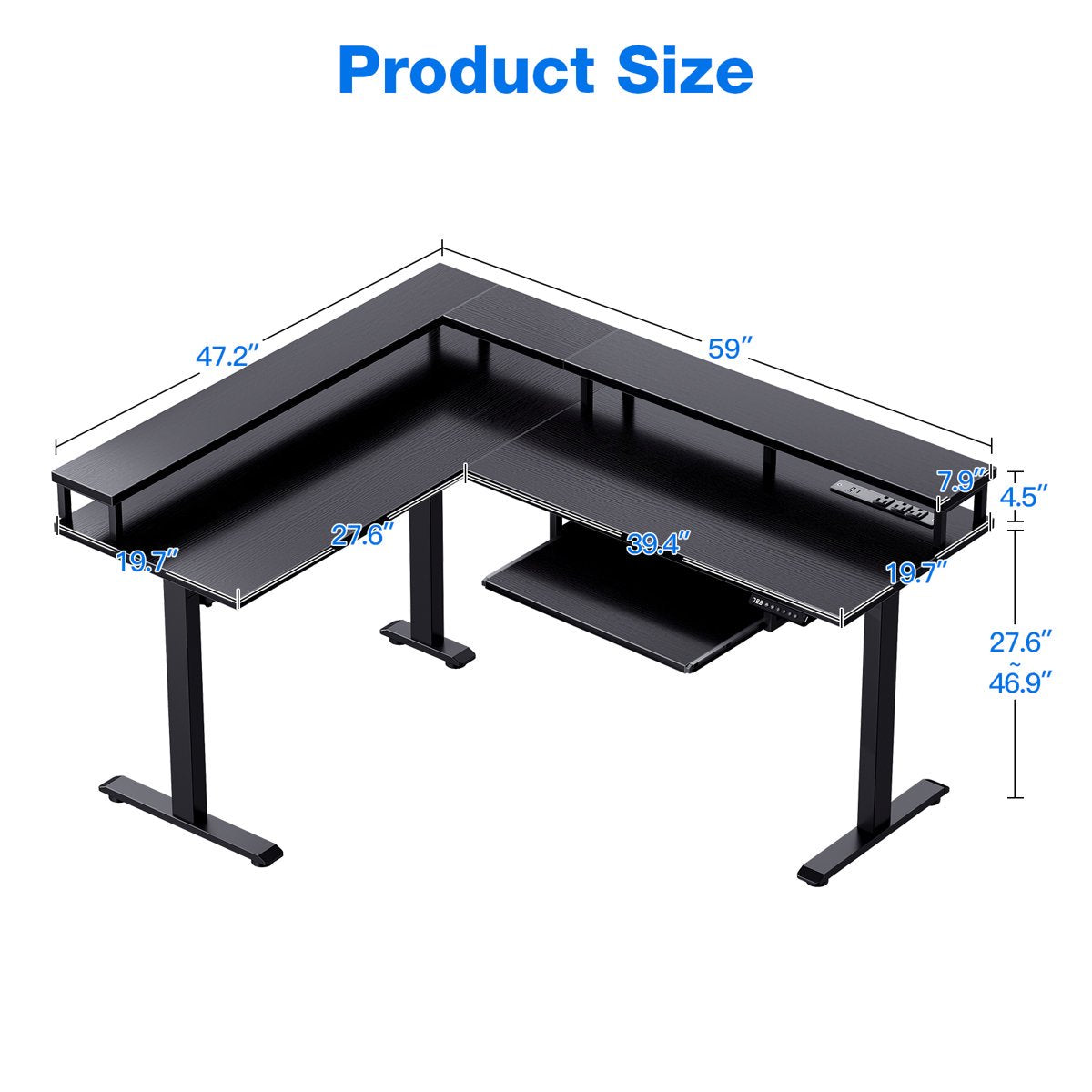 Casacomoda Adjustable L-Shaped Standing Desk with Electric Height Adjustment, 59" Desk with Full Monitor Stand, Metal Base for Home Office, Black