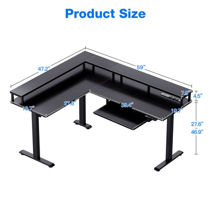 Casacomoda Adjustable L-Shaped Standing Desk with Electric Height Adjustment, 59" Desk with Full Monitor Stand, Metal Base for Home Office, Black
