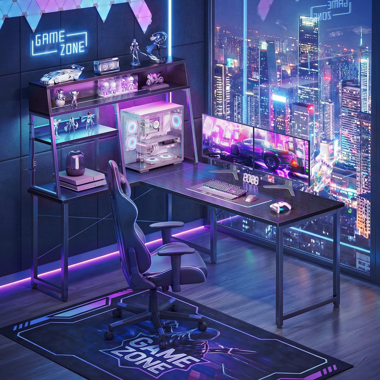 Casacomoda 51 Inch L Shaped Gaming Desk with LED Lights & CPU Platform, Reversible Computer Desk with Display Shelves, L Desk with Storage Bag for Game, Black