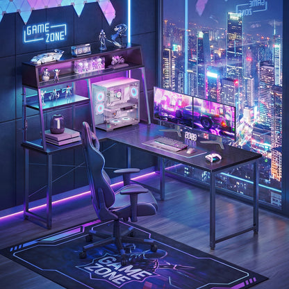 Casacomoda 51 Inch L Shaped Gaming Desk with LED Lights & CPU Platform, Reversible Computer Desk with Display Shelves, L Desk with Storage Bag for Game, Black