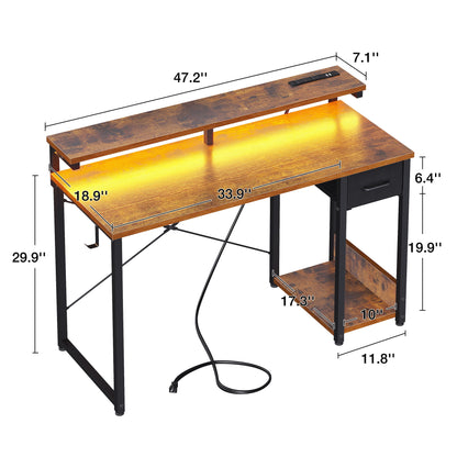 Gaming Desk with LED Lights and Power Outlet, 48 Inch Reversible L Shaped Computer Desk with Fabric Drawer, Monitor Stand and Headphone Hook, Home Office and Gaming Desk, Vintage