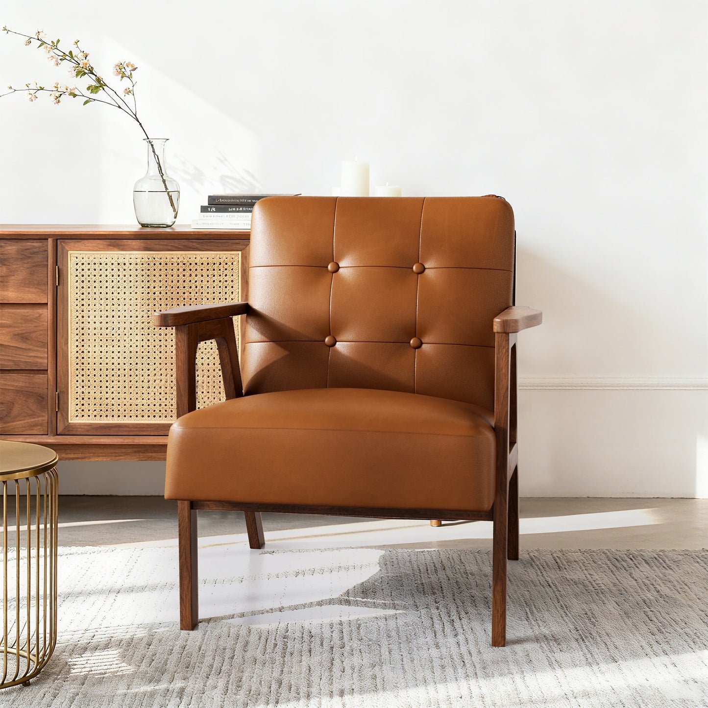 Casacomoda PU Leather Accent Chair Mid Century Comfy Cozy Chair with Solid Wood Legs, Modern Arm Reading Chair with Button Tufted Back for Living Room Bedroom, Brown