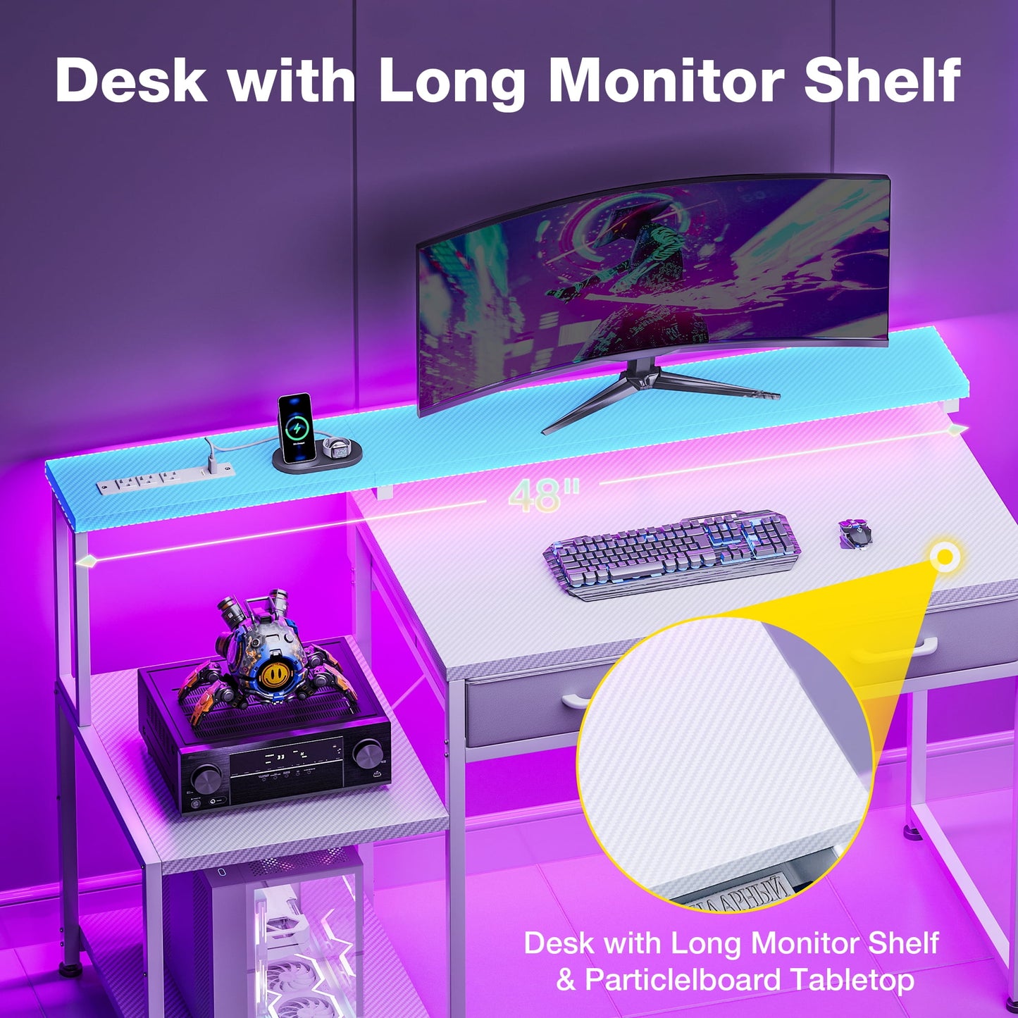 Casacomoda Computer Desk, 48 Inch Gaming Desk with Led Lights & Power Outlet, Home Office Desk with Monitor Shelf, Reversible Desk with Printer Stands, Carbon Fiber White