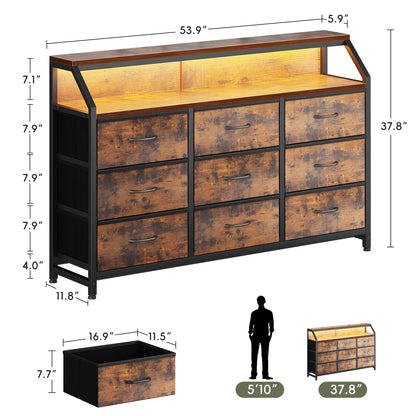 Casacomoda 55 inch Dresser with LED Lights , Dresser for Bedoom with 9 Storage Drawers, Black and Vintage