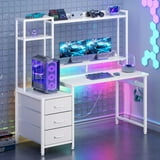 Casacomoda 48 inch Gaming Desk with LED Lights & Power Outlets, Home Office Desk with Reversible Storage Drawers & Monitor Shelves, Gaming Table for Small Space, White