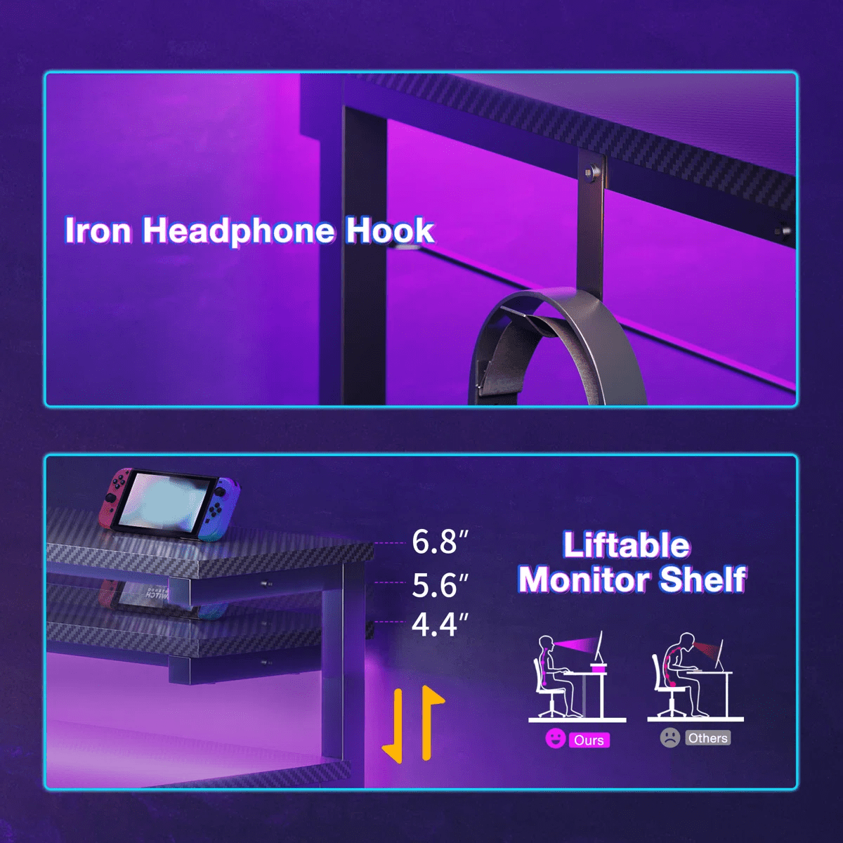 40-Inch Gaming Desk with LED Light & Power Outlets, Home Office Desk with Storage Shelf, Computer Desk with Monitor Stand, Black