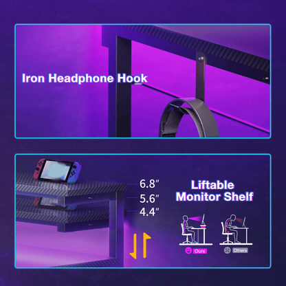 40-Inch Gaming Desk with LED Light & Power Outlets, Home Office Desk with Storage Shelf, Computer Desk with Monitor Stand, Black