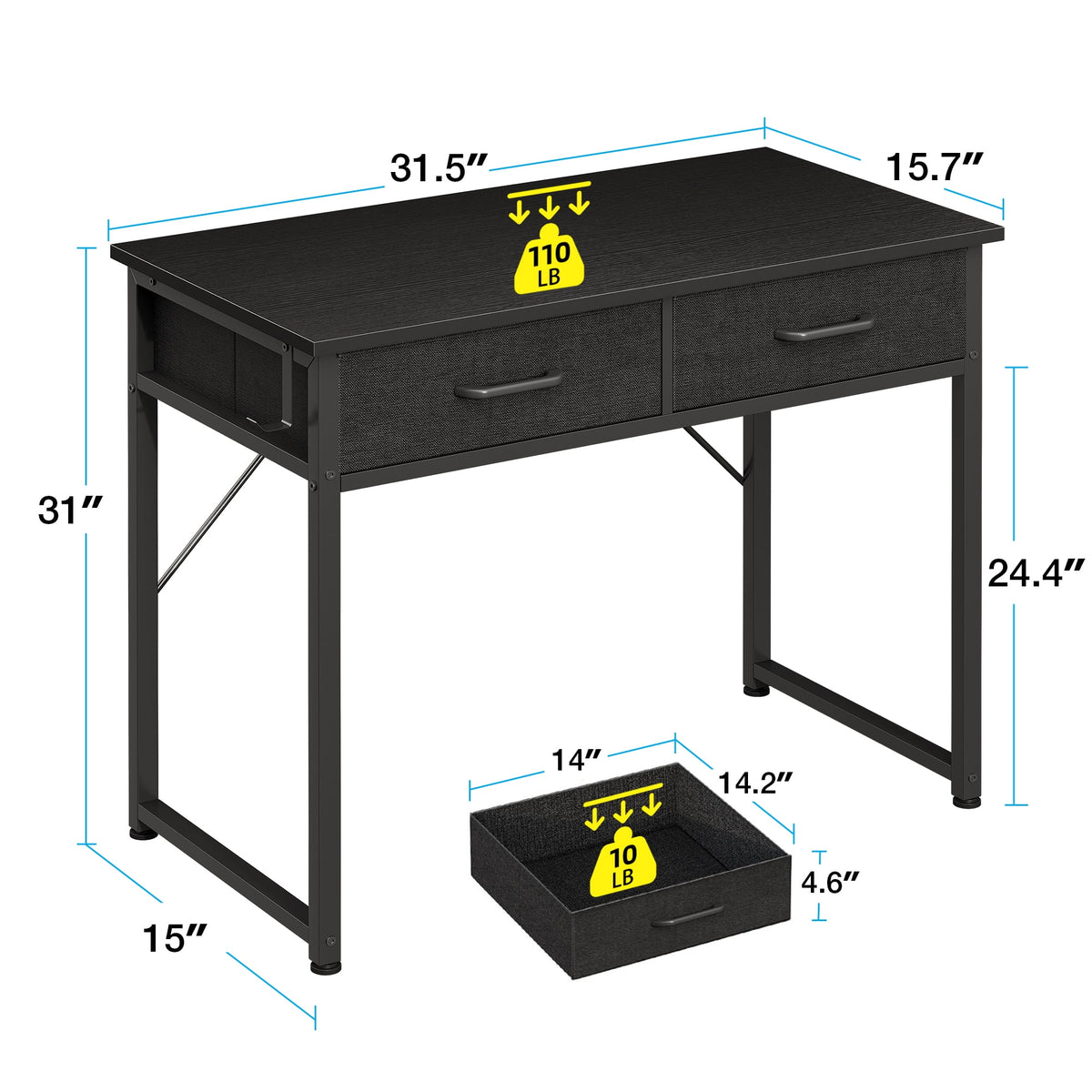 Casacomoda 32 Inch Writing Desk with 2 Fabric Drawers, Modern Study Table with Storage, Small Computer Desk for Small Space, Home Office Desk, Black