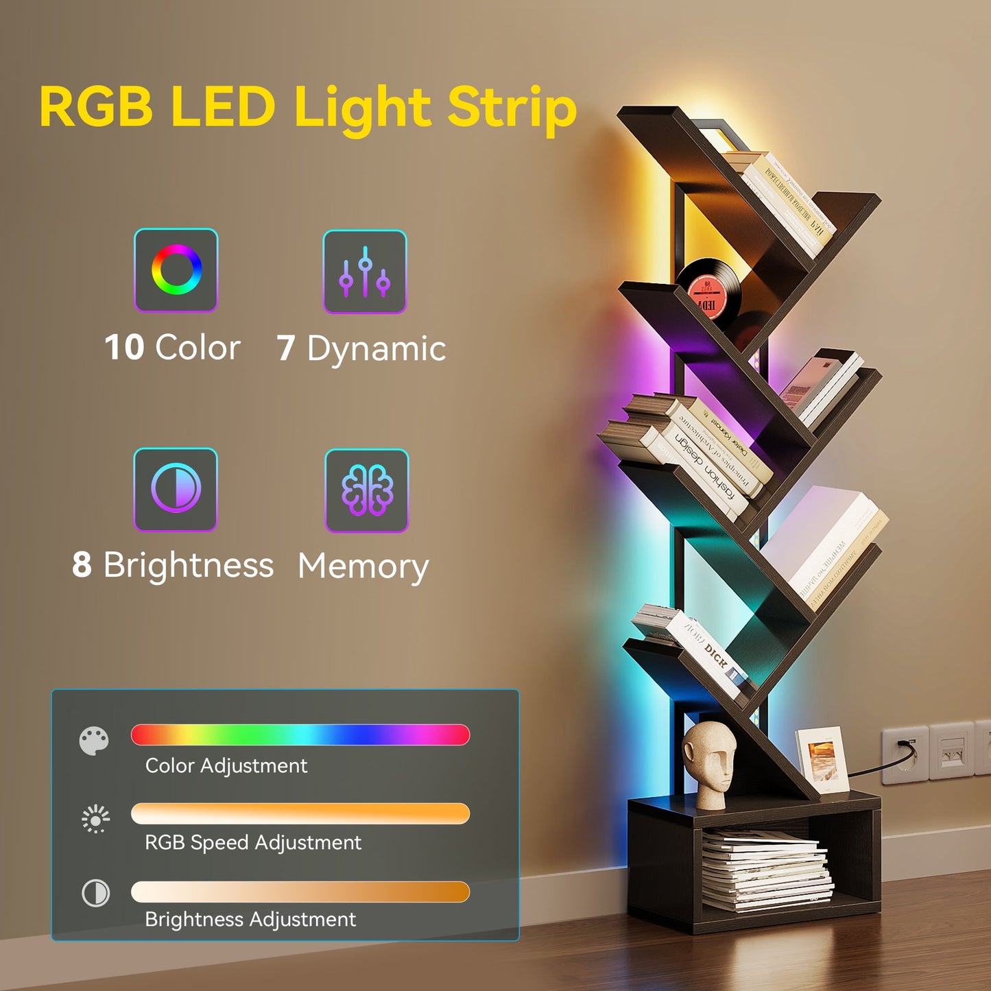 Casacomoda 6-Tier Tree Floor Lamp with Integrated LED Shelving, Modern Display Stand for Living Room & Home Office, Black