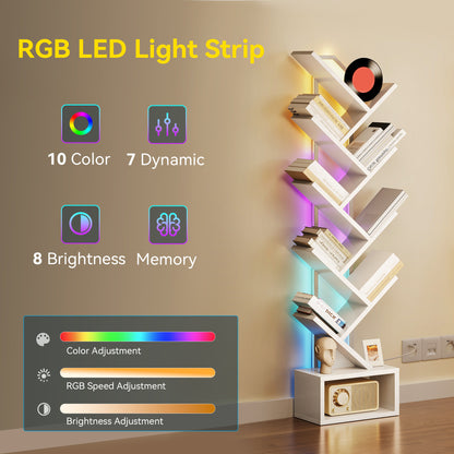 Casacomoda 8 Tier Tree Bookshelf, Bookcase with LED Lights, Display Floor Standing Storage Shelf, Book Organizer Shelves for Home Office, Living Room, White