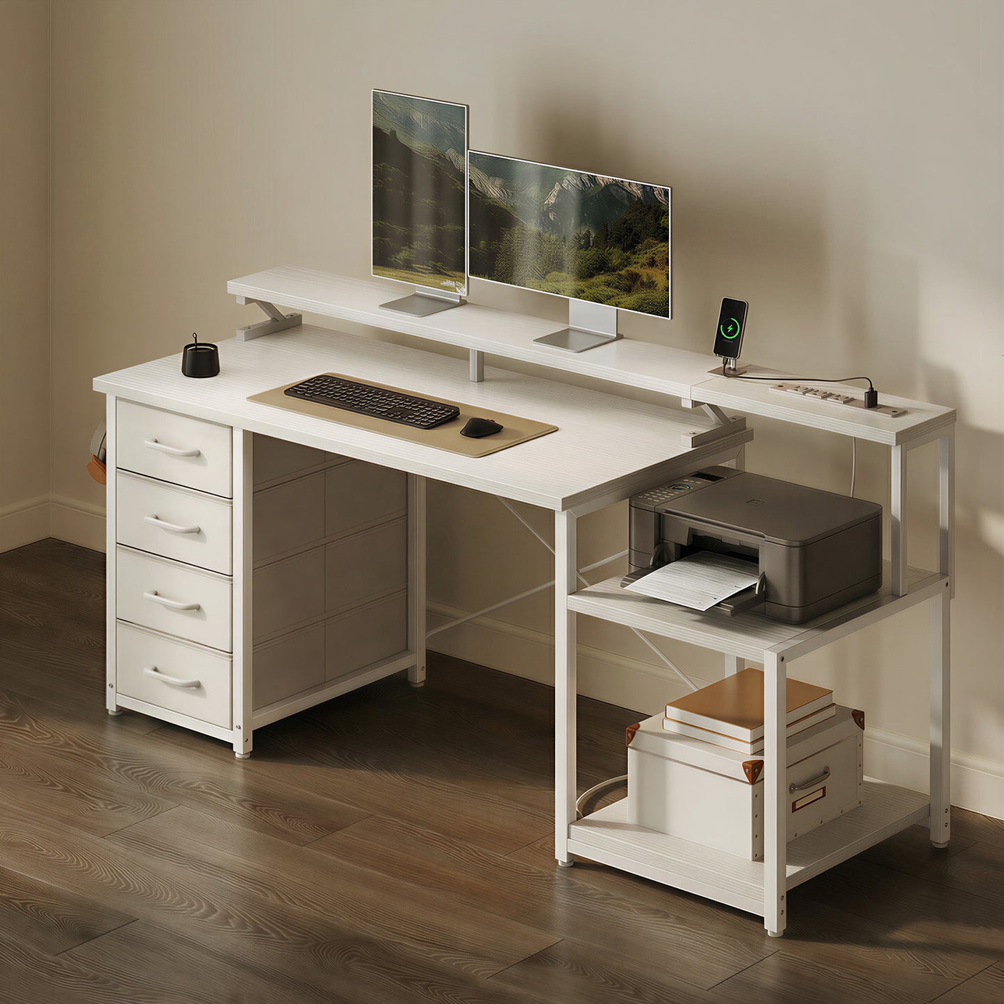 Casacomoda 55 Inch Computer Desk with USB Ports and Power Outlets, Printer Shelf, 4 Drawers & Storage Shelf, Home Office Desks, White