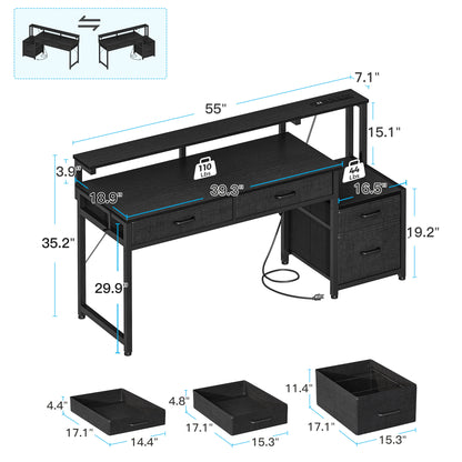 Computer Desk with 4 Drawers, 55 Inch Reversible Desk with Power Outlet, Home Office Desk with File Drawer & Monitor Stand, Black