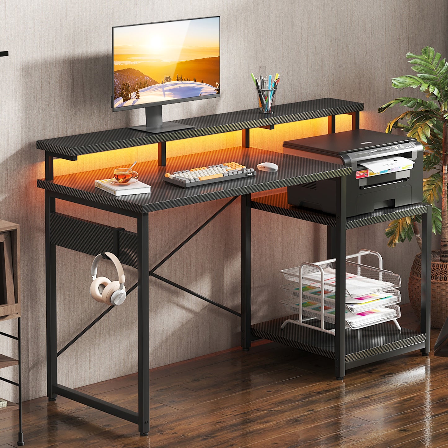 48 Inch Computer Desk with Monitor Stand,Gaming Desk with USB Ports & Power Outlets, Printer Shelf for Home Office, Storage Shelf, Black