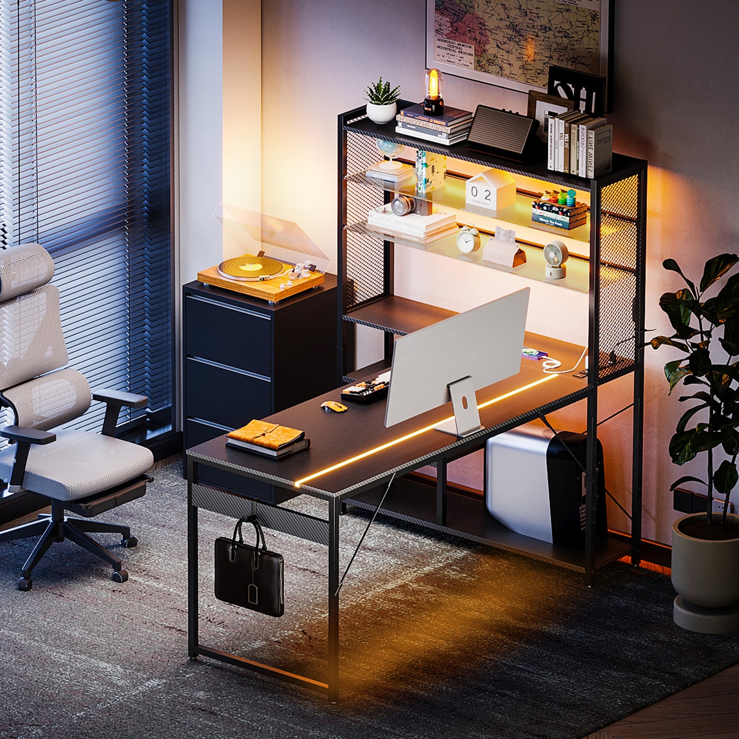 KKL L Shaped Gaming Desk, Reversible Computer Desk with Power Outlet, Gaming Table with LED Lights, L Shaped Desk with Glass Display Storage Shelves, Glass Gaming Desk, Black
