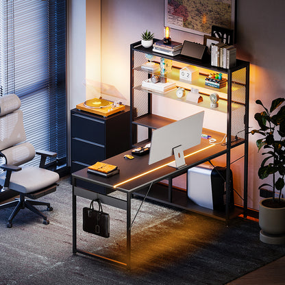 KKL L Shaped Gaming Desk, Reversible Computer Desk with Power Outlet, Gaming Table with LED Lights, L Shaped Desk with Glass Display Storage Shelves, Glass Gaming Desk, Black
