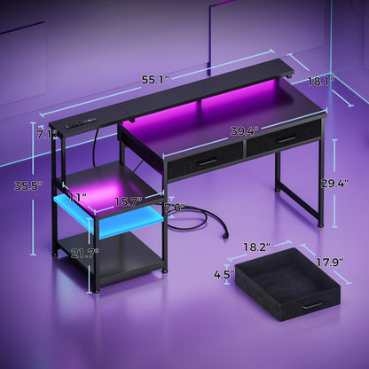 Casacomoda 55 Inch Computer Desk, Gaming Desk with Led Lights & Power Outlet, Office Desk with Printer Stands, Reversible Desk with Monitor Shelf, Carbon Fiber Black