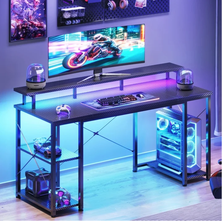 Casacomoda 48 Inch Gaming Desk with LED Lights, Computer Desk with Monitor Stand, Storage Shelves and CPU Stand, Home Office Desk, Black