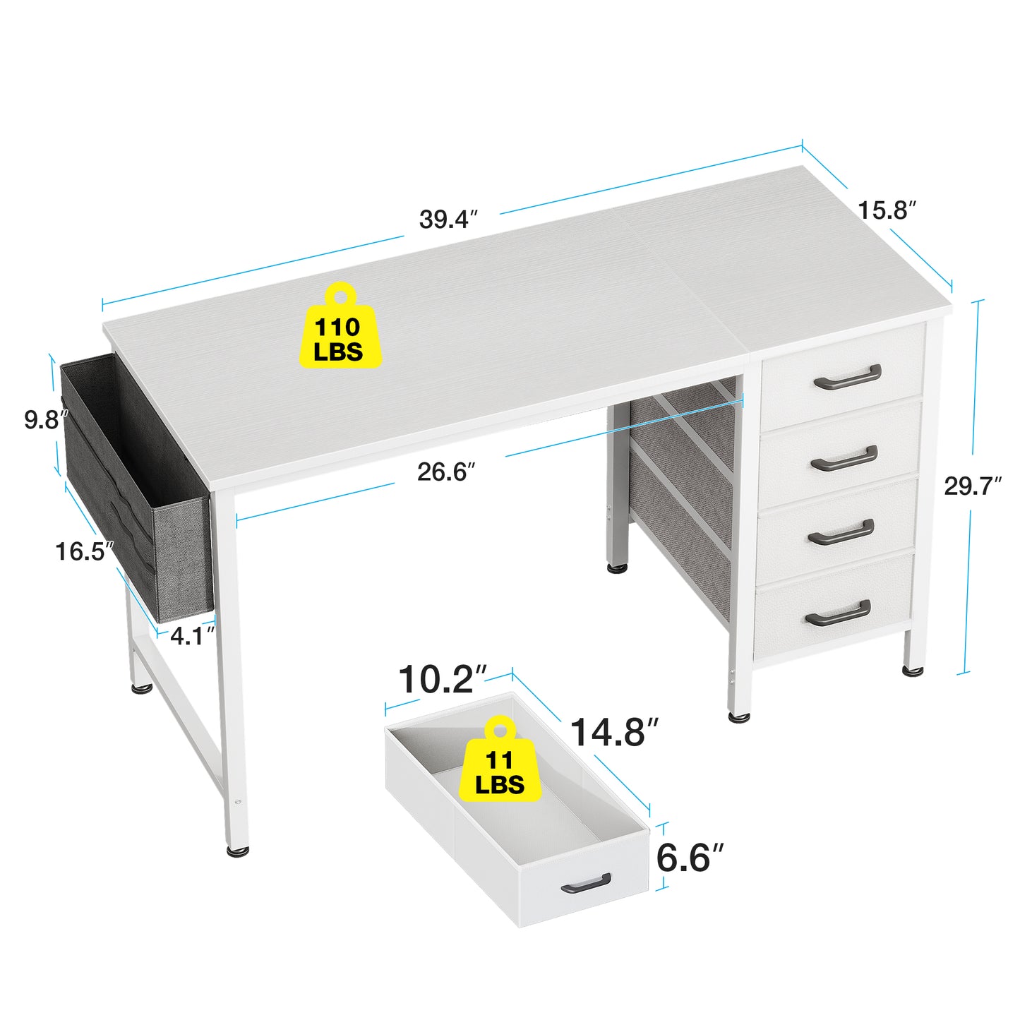 Casacomoda Small Computer Desk with 4 Fabric Drawers — Home Office Desks with Storage, Writing Desk with Side Hook and Cloth Bag, Study/Work Table for Bedroom and Small Space, White