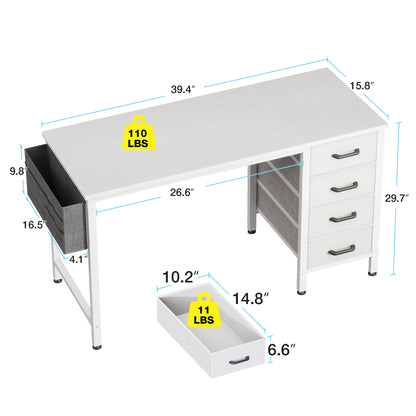 Casacomoda Small Computer Desk with 4 Fabric Drawers — Home Office Desks with Storage, Writing Desk with Side Hook and Cloth Bag, Study/Work Table for Bedroom and Small Space, White