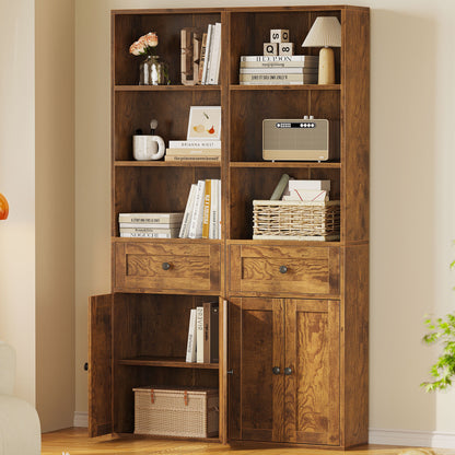 Vintage 5-Tier Tall Bookcase with Drawer and Cabinet, Modern Bookshelf for Home Office, Living Room or Bedroom, Easy Assembly & Stable Structure