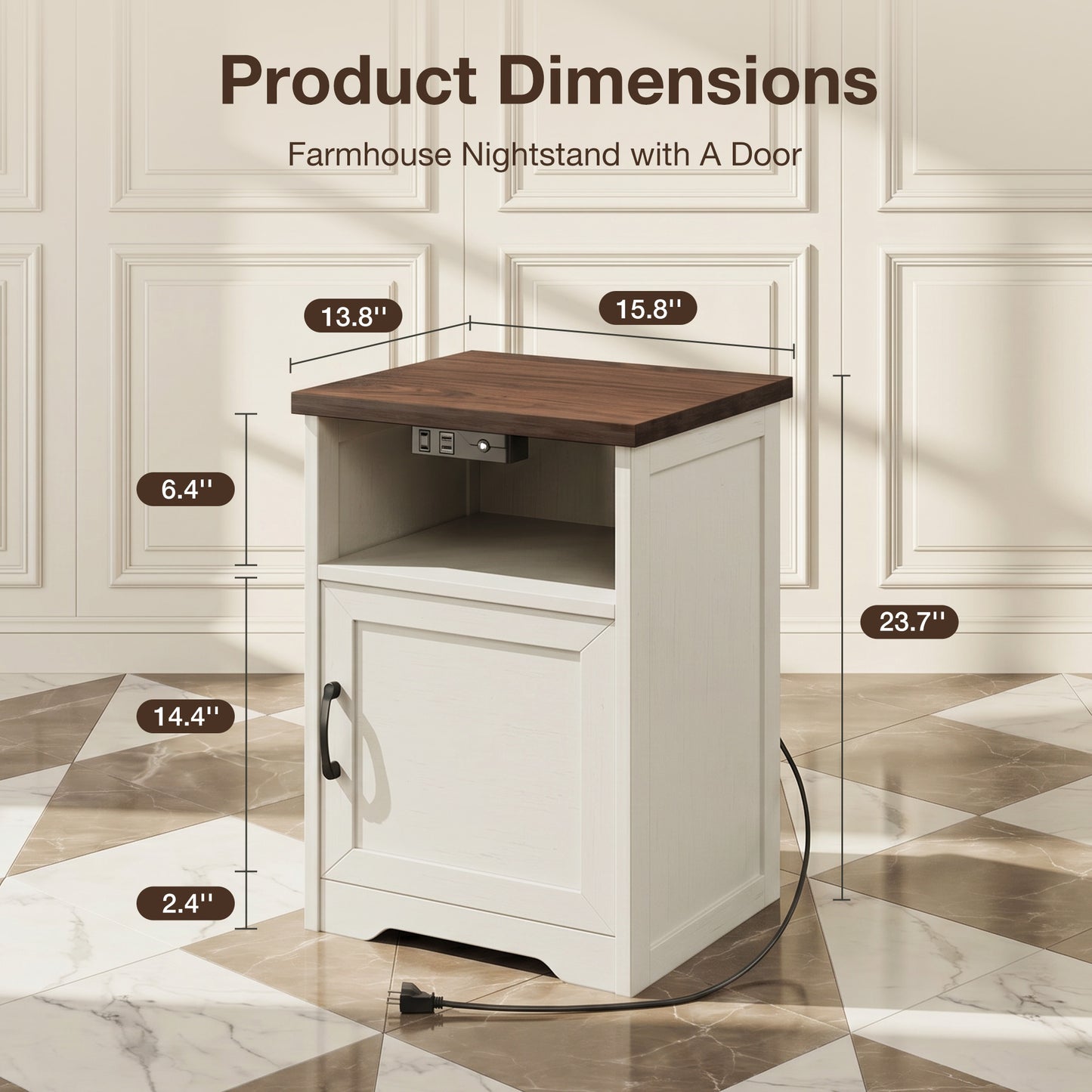Nightstand for Bedroom, Farmhouse End Table Set of 2, Side Table with LED Light for Living Room, Bedside Table with 2 USB Ports and 1 Outlets, Set 2, Dark Walnut & White