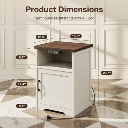 Nightstand for Bedroom, Farmhouse End Table Set of 2, Side Table with LED Light for Living Room, Bedside Table with 2 USB Ports and 1 Outlets, Set 2, Dark Walnut & White
